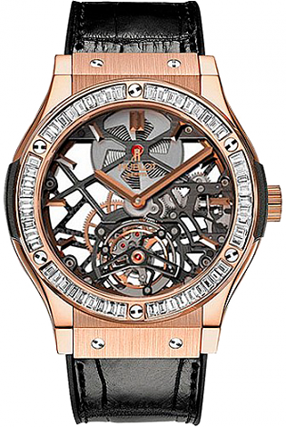 Fake Hublot Classic Fusion 505.OX.0180.LR.1904 Skeleton Tourbillon King Gold Baguette watch Review